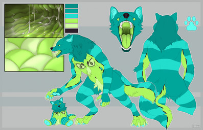 anthro black_nose blue_body blue_fur crotch_tuft ears_back front_view fur green_body green_eyes green_fur green_tongue internal looking_at_viewer male male_anthro markings open_mouth pivoted_ears sharp_teeth solo standing striped_arms striped_legs striped_markings striped_tail stripes tail tail_markings teeth tongue tuft roobin mythology canid canine mammal mythological_canine mythological_creature werecanid werecanine werecreature werewolf hi_res model_sheet