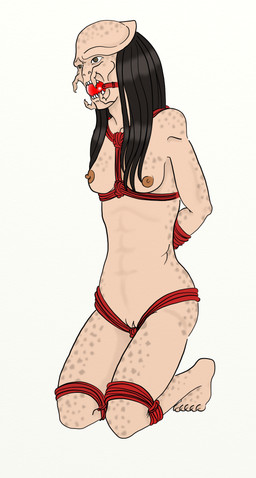 ball_gag bdsm bondage bound breasts captured dreadlocks female freckles gag gagged genitals kneeling not_furry rope skinny slim solo vulva young fuckemall predator_(franchise) alien humanoid yautja hi_res