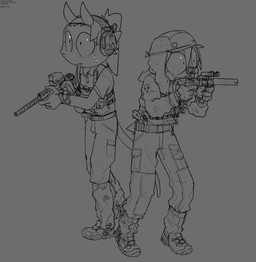 anthro clothed clothed_anthro clothing duo electronics fully_clothed fully_clothed_anthro gloves gun handwear headphones holding_gun holding_object holding_ranged_weapon holding_rifle holding_weapon military military_uniform ranged_weapon rifle soldier uniform warrior weapon bravobunny bravo_(bravobunny) imp lagomorph leporid mammal rabbit full-length_portrait greyscale hi_res monochrome portrait