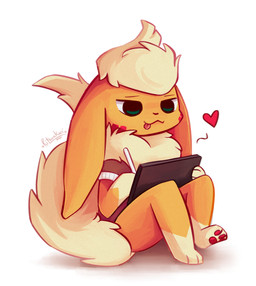 anthro anthrofied blep creating_art drawing_tablet electronics fluffy fluffy_tail fur gloves_(marking) green_eyes heart_reaction heart_symbol leg_markings markings orange_body orange_fur pawpads paws pen pokemorph red_pawpads sitting socks_(marking) tablet_computer tail tongue tongue_out kitsuakari apple_inc. ipad nintendo pokemon fan_character eeveelution flareon generation_1_pokemon pokemon_(species) 2021 absurd_res hi_res shaded