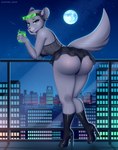 anthro balcony beverage boots breasts bubble_butt butt city cityscape clothed clothing dress ear_piercing ear_ring eyewear female footwear high_heeled_boots high_heels holding_object looking_at_viewer looking_back minidress moon night outside panties piercing presenting presenting_hindquarters ring_piercing shoes sky smile solo tail underwear upskirt almond_deer brand_new_animal studio_trigger marie_itami mammal mink mustelid musteline true_musteline cool_colors hi_res