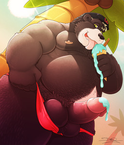 anthro balls beach belly biceps black_body black_fur brown_body brown_fur clothed clothing dessert erection food fur genitals hat headgear headwear humanoid_genitalia humanoid_penis ice_cream licking looking_at_viewer low-angle_view male multicolored_body multicolored_fur musclegut muscular muscular_anthro muscular_male nipples outside overweight overweight_anthro overweight_male palm_tree partially_clothed penis penis_poking_out plant pubes sand seaside sky slightly_chubby solo sun thong tongue tongue_out topless tree two_tone_body two_tone_fur underwear underwear_down white_body white_fur yellow_eyes damingo bear mammal hi_res