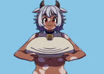 big_breasts body_writing breasts brown_eyes clothed clothing clothing_lift cowbell dark_body dark_skin female grey_hair hair horn looking_at_viewer markings mouth_closed nipples shirt shirt_lift simple_background smile solo spots spotted_body topwear writing_on_breasts orpice_kun animal_humanoid bovid bovid_humanoid bovine bovine_humanoid cattle_humanoid humanoid mammal mammal_humanoid animated short_playtime sound webm