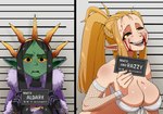 armwear big_breasts black_hair black_sclera blonde_hair breasts cleavage clothed clothing duo ear_piercing ear_ring female fishnet_armwear fishnet_clothing gloves green_body green_skin hair handwear high_ponytail holding_object holding_sign humanoid_pointy_ears long_hair looking_at_viewer mugshot navel not_furry open_mouth piercing pointy_ears ponytail ring_piercing sign skimpy smile text yellow_eyes yellow_sclera nuclearwasabi barbie_and_ken_mugshot_meme elf goblin humanoid 2023 absurd_res digital_media_(artwork) english_text hi_res meme