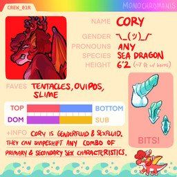 ambiguous_gender anthro big_clitoris clitoris genitals information penis red_body solo text tongue tongue_out vulva wings monochromanis mythology cory_the_dragon dragon mythological_creature mythological_scalie scalie english_text handwritten_text headshot_portrait hi_res model_sheet portrait
