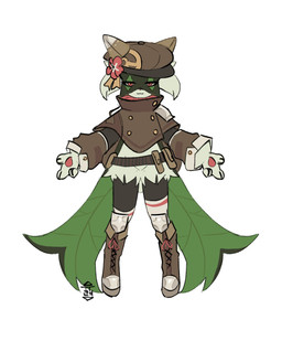 3_fingers ambiguous_gender anthro belt belt_pouch boots brown_clothing brown_hat brown_headwear claws clothed clothed_anthro clothing finger_claws fingers flower_accessory footwear fur green_body green_fur hat headgear headwear mask pawpads paws pink_eyes shoes simple_background solo white_background yuureii nintendo pokemon generation_9_pokemon meowscarada pokemon_(species) 2024 hi_res