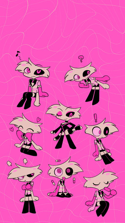 4_arms chibi clothed clothing drugs exclamation_point food male multi_arm multi_limb multiple_poses musical_note musical_symbol pills pink_background popsicle pose question_mark simple_background solo sulking symbol enaic31 hazbin_hotel hellaverse angel_dust arachnid arthropod demon humanoid spider 9:16 hi_res