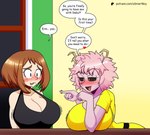 big_breasts blush breast_rest breasts brown_hair cleavage clothed clothing dialogue duo female hair heart_symbol not_furry pink_body pink_hair speech_bubble text asmartboy my_hero_academia ashido_mina human humanoid mammal english_text hi_res url