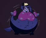 anthro avian belly belly_inflation big_belly big_breasts bird blueberry_inflation blush breasts coleman12345 english_text female growth_lines helluva_boss hi_res huge_belly huge_breasts hyper hyper_belly inflation midriff motion_lines navel octavia_(helluva_boss) owl owl_demon puffed_cheeks sloshing_belly small_clothing solo sound_effects spherical_inflation swelling text thick_arms