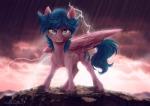 blue_hair detailed_background electricity feathered_wings feathers female feral hair lightning pink_body pink_feathers pre-g4 raining solo wings dvixie hasbro mlp_g1 my_little_pony my_little_pony_'n_friends mythology firefly_(pre-g4) equid equine mammal mythological_creature mythological_equine pegasus 2016