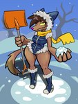 anthro breasts brown_body brown_fur brown_hair clothing female footwear fur hair holding_object holding_snow looking_at_viewer one_eye_closed outside pink_nose scarf shoes smile snow snowing solo standing wide_hips yellow_scarf aygee mirig_(aygee) canid canine canis mammal wolf 2022 3:4 digital_media_(artwork)