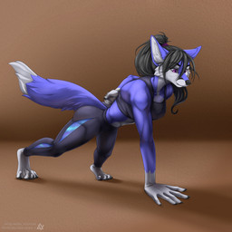 5_fingers anthro black_hair black_nose bra breasts clothed clothing exercise eyebrows eyelashes female fingers hair purple_eyes simple_background smile solo sports_bra sportswear text underwear akira_volfsar marcela canid canine fox mammal 1:1 2022 digital_media_(artwork) hi_res url