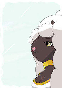 accessory anthro big_breasts breasts brown_body clothed clothing collar dress female fur horn mature_female outside pink_nose solo wool_(fur) wool_hair yellow_eyes anuvisur_(artist) nintendo pokemon fan_character generation_8_pokemon pokemon_(species) wooloo absurd_res hi_res