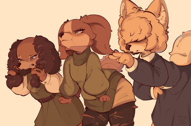 anthro biped blue_eyes bodily_fluids brown_body brown_ears brown_fur brown_tail clothed clothed_anthro clothed_female clothing female fully_clothed fully_clothed_anthro fully_clothed_female fur group inner_ear_fluff obscured_eyes simple_background standing sweat sweatdrop tail tan_background trio tuft conditional_dnp tohupo ann_(tohupo) ela_(tohupo) patty_(tohupo) canid canine canis domestic_dog mammal spitz 2025 digital_drawing_(artwork) digital_media_(artwork) hi_res