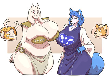 alternate_costume anthro big_breasts biped blue_body bottomwear breasts clothed clothing clothing_swap duo_focus female fur group hand_on_hip huge_breasts loincloth mature_female pupils purple_clothing smile thick_thighs white_body slightlysimian nintendo star_fox undertale_(series) asgore_dreemurr fox_mccloud krystal_(star_fox) toriel bovid canid canine caprine fox mammal 2025 absurd_res crossover hi_res