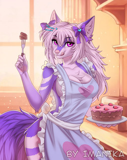 5_fingers anthro apron biped bow_ribbon breasts cake chest_tuft claws clothed clothed_anthro clothed_female clothing countershade_fur countershade_torso countershading dessert female finger_claws fingers food front_view fur hair holding_fork holding_plate inner_ear_fluff inside kitchen purple_body purple_eyes purple_fur purple_hair purple_tail smile solo standing tail tuft window imanika canid canine fox mammal 2025 digital_media_(artwork)