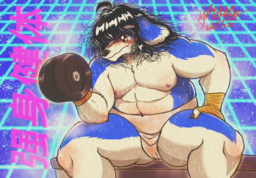 1980s_theme abstract_background anthro asian_clothing black_hair blue_body blush bodily_fluids brown_eyes claws clothing countershade_face countershade_fur countershade_torso countershading east_asian_clothing excessive_sweat exercise finger_claws fur hair hand_wraps handwear japanese_clothing male mawashi moobs musclegut muscular overweight overweight_anthro overweight_male retro sitting slightly_chubby solo sumo sumo_wrestler sweat synthwave text weightlifting workout wraps peakon feng_ji_zhou sun_yu_hong border_collie canid canine canis collie domestic_dog herding_dog mammal pastoral_dog sheepdog chinese_text hi_res