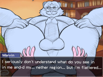 alternate_species ambiguous_gender anthro anus balls belly big_belly butt butt_grab duo erection eyewear faceless_ambiguous faceless_character facial_hair first_person_view furrification genitals glasses hand_on_butt humanoid_genitalia humanoid_hands humanoid_penis male male/ambiguous mature_male moobs mustache nipples overweight overweight_male penis solo_focus text smush-sin ace_attorney capcom marvin_grossberg ambiguous_species badger mammal mustelid musteline 2025 4:3 english_text