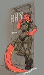 anthro clothed clothing digitigrade_footwear female footwear furgonomic_footwear furgonomics hand_on_hip harness horn solo standing text hungrydazzle kobold scalie 2023 english_text hi_res