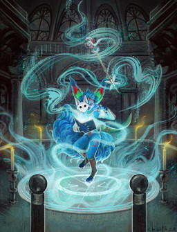 ancient anthro big_ears blue_body blue_eyes blue_fur blue_magic book castle elder fire fluffy fluffy_tail fur levitation magic magic_user mask solo sorcery spell staff tail cu_sith_(artist) kitsunal_(character) aquatic canid canine fox mammal pinniped seal digital_drawing_(artwork) digital_media_(artwork) hi_res