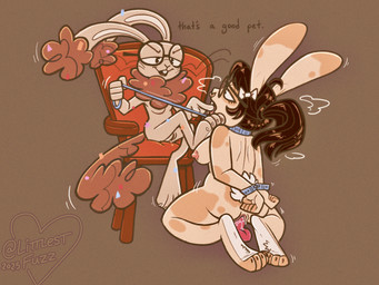 anthro anthro_on_anthro areola back_groove bangs bdsm black_hair blue_collar bodily_fluids bound bow_ribbon breath butt chair claws collar cuffed_wrists dialogue dildo dildo_in_vagina dildo_insertion dominant dominant_female duo eyewear facial_piercing feet female female/female finger_in_mouth foot_on_chest fur furniture genital_fluids genitals glasses grey_background grey_body hair hands_behind_back hands_tied intraspecies kneeling leash leash_pull leashed_collar lightened_soles looking_at_another looking_at_partner master_and_pet mottled nipples nose_piercing nose_ring nude paws penetration petplay piercing pink_dildo ponytail rabbit_feet ring_piercing roleplay saliva_on_hand scut_tail septum_piercing septum_ring sex_toy sex_toy_in_vagina sex_toy_insertion short_tail simple_background sitting soles submissive submissive_female tail tan_body tan_fur text toe_claws tongue tongue_out vaginal vaginal_fluids vaginal_fluids_on_dildo vaginal_penetration vulva wrists_together littlestfuzz bunnie_(bunniebunnie) linty_(littlestfuzz) lagomorph leporid mammal rabbit 2025 4:3 absurd_res digital_drawing_(artwork) digital_media_(artwork) english_text hi_res orange_theme