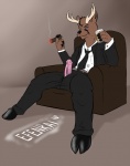 alcohol anthro antlers beverage chair cigar clothed clothing erection food furniture genitals glass horn humanoid_genitalia humanoid_penis looking_at_viewer male markings necktie penis penis_poking_out penis_through_fly presenting recliner smoke smoking solo suit efenrai deer mammal