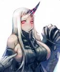 big_breasts blush breasts clothed clothing disembodied_hand duo female female_focus fully_clothed glowing glowing_eyes grey_clothing hair horn long_hair not_furry red_eyes side_boob simple_background solo_focus white_background white_hair bow_(artist) kantai_collection harbour_princess abyssal_(kancolle) demon humanoid shinkaisei-kan unknown_species digital_media_(artwork) digital_painting_(artwork)