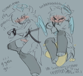 anthro bdsm begging blush bodily_fluids bondage bound clothing cuffed_wrists genital_fluids glowing halo hands_tied harness knot legwear male mastectomy_scar omorashi pawpads peeing petplay questionable_consent roleplay scar shaking solo spiral spiral_eyes stuttering tears thigh_highs urine wings angelpsyche chip_angel bird_dog canid canine canis domestic_dog golden_retriever hunting_dog mammal retriever absurd_res hi_res