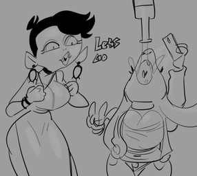anthro beverage big_breasts bottomwear breasts clothing denim denim_bottomwear denim_clothing dress duo female humanoid_pointy_ears jeans long_ears pants pointy_ears simple_background lostwisdom bovid caprine goat humanoid mammal vampire monochrome sketch