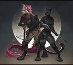 abstract_background anthro arrow_(weapon) black_nose blue_eyes clothed clothing duo ear_piercing ear_ring ear_stud eyelashes facial_spots fangs female front_view fur green_eyes grey_body grey_fur hair holding_crossbow holding_sniper_rifle markings mouth_closed piercing pink_hair pink_tail ranged_weapon red_markings red_tail ring_piercing spots spotted_face spotted_markings spotted_tail standing tail tail_markings teeth weapon white_body white_fur azuza mythology canid dragon felid hybrid mammal mythological_creature mythological_scalie scalie 2024 artist_name dated