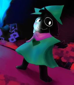 anthro black_body black_fur blush eyewear forest front_view fur glasses horn looking_at_viewer male outside plant smile solo standing tree young young_anthro charmandrigo deltarune undertale_(series) ralsei bovid caprine darkner goat mammal 2019 digital_media_(artwork) hi_res