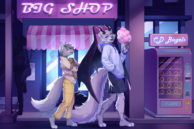 anthro bottomwear candy cheek_tuft city clothing cotton_candy cyberpunk dessert duo_focus facial_tuft female fluffy fluffy_tail food group hoodie horn male male/female pants paws plushie shorts street sweater tail topwear toy tuft wings drkot deltarune undertale undertale_(series) sans_(undertale) undyne canid canine felid feline mammal 3:2 absurd_res hi_res