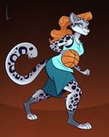 4_toes anthro basketball basketball_uniform clothing feet female footwear fur hair long_tail markings red_hair socks solo sportswear spots spotted_body spotted_fur tail toeless_footwear toeless_socks toes uniform birchly liv_swiftpaw felid mammal pantherine snow_leopard 4:5 absurd_res hi_res