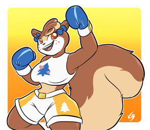 accessory anthro bow_ribbon boxing_gloves boxing_shorts clothing eyelashes female freckled_face freckles hair_accessory hair_bow hair_ribbon handwear long_eyelashes ribbons shirt simple_background small_waist solo tank_top topwear wide_hips the_k9_empire vulpinecrew mammal rodent sciurid tree_squirrel absurd_res hi_res