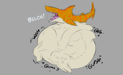 ambiguous_gender belly big_belly burping dorsal_fin feral feral_pred feral_prey fin grey_background group huge_belly mass_vore multiple_prey open_mouth orange_stripes rumbling_stomach shark_tail shark_teeth simple_background stripes tail text vore white_belly yellow_body yellow_fin yellow_tail akaikosh aquatic fish shark 2016 english_text