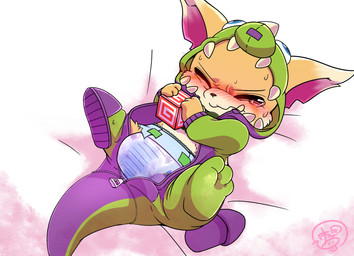 anthro bed big_ears block blush bodily_fluids brown_body brown_fur clothing costume diaper embarrassed exposed_diaper eyes_closed feet footwear fur furniture genital_fluids lying male on_back onesie open_onesie peeing semi-anthro shoes slippers solo sweat tears toddler unclean_diaper urine used_diaper wet_diaper wetting young young_anthro m@rt league_of_legends riot_games tencent gnar_(lol) yordle 2017 hi_res