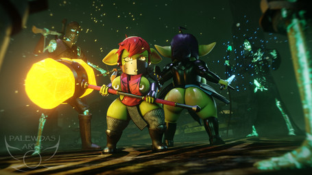 4_fingers amber_eyes areola armor atmosphere atmospheric_perspective belly bevor big_breasts big_butt big_ears biped blush bodily_fluids bone boots breasts butt chainmail clothed clothing ear_piercing ear_ring exposed_breasts faceplate fantasy female female_humanoid fingers footwear giant_hammer green_body hair hammer holding_object holding_weapon knight maul melee_weapon mouthplate nipple_covers nipple_piercing nipples oversized_weapon paladin piercing poster purple_eyes purple_hair red_hair ring_piercing shield shoes short_stack skeleton slightly_chubby sweat sweaty_breasts sweaty_butt sweaty_legs sword thick_thighs tools unconvincing_armor warrior weapon palewdas_arts palewdasarts_(modeler) enna_(palewdasarts) mina_(palewdasarts) goblin humanoid undead 16:9 3d_(artwork) digital_media_(artwork) hi_res tagme wallpaper widescreen