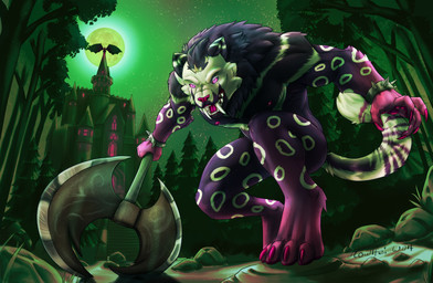 anthro axe battle_axe biceps bracelet castle claws detailed_background fangs feet forest full_moon fur gradient_body gradient_fur green_moon hair holding_object holding_weapon holidays jewelry looking_at_viewer male mane mane_hair melee_weapon membrane_(anatomy) membranous_wings moon muscular muscular_anthro muscular_male night nipples nude open_mouth outside pawpads paws pecs pink_body pink_eyes pink_fur plant purple_body purple_fur sabertooth_(anatomy) scruffy sky snarling solo spikes star tail teeth toe_claws toes tongue tree weapon white_body white_fur wings howlfeiwolf titan_(dergit) felid feline mammal prehistoric_species saber-toothed_tiger sabertooth_feline werecat werecreature werefelid werefeline absurd_res detailed digital_media_(artwork) hi_res