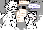 anthro blush chest_tuft clothed clothing dialogue duo female speech_bubble text tuft inkyfrog disney pack_street zootopia fan_character pandora_(weaver) stella_(inkyfrog) felid mammal pantherine tiger 2017 english_text partially_colored