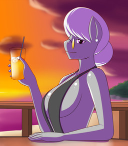 anthro anthrofied beach beverage big_breasts bikini breasts close-up clothed clothing cloud drinking_straw ear_piercing eyewear female fur glass glasses grey_body grey_fur grey_hair hair hair_bun half-closed_eyes holding_glass holding_object ice looking_at_viewer narrowed_eyes one-piece_swimsuit outside piercing purple_eyes sea seaside side_boob side_view sky sling_bikini smile solo sunset swimwear two-piece_swimsuit water marik_azemus34 friendship_is_magic hasbro my_little_pony silver_spoon_(mlp) earth_pony equid equine horse mammal pony 2014