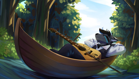 acoustic_guitar anthro black_bottomwear black_clothing black_hair black_markings black_nose black_pants black_topwear black_vest blue_markings blue_sky boat bottomwear cheek_tuft closed_smile clothed clothing eyes_closed facial_tuft fur grey_body grey_fur guitar hair hands_behind_head horn male markings mouth_closed musical_instrument outside pants plant plucked_string_instrument reclining shrub sky smile solo string_instrument three-quarter_view topwear tree tuft vehicle vest water watercraft white_clothing white_horn white_topwear kuttoyaki raimo mammal absurd_res hi_res
