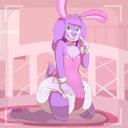anthro big_diaper biped black_eyebrows bow_tie bunny_costume camera_view clean_diaper clothed clothing costume diaper eyebrows fake_ears fake_rabbit_ears female floppy_ears fur glistening glistening_eyes green_eyes hair huge_diaper ironic_fake_ears long_ears looking_at_viewer open_mouth open_smile pink_clothing purple_body purple_ears purple_fur purple_hair purple_tail scut_tail short_hair short_tail smile solo tail teeth wearing_diaper white_diaper bunnykisses alex_(bunnykisses) lagomorph leporid mammal rabbit 1:1 digital_media_(artwork) hi_res