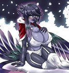 anthro big_breasts black_body black_hair blush breasts cleavage clothed clothing female hair hand_on_breast holidays looking_at_viewer sitting snow solo winged_arms wings storm_villain christmas konami yu-gi-oh! fur_hire sagitta_maverick_fur_hire avian duel_monster absurd_res hi_res