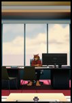 3d_(artwork) anthro brown_body brown_fur canid canine canis chair clothing comic comic_panel desk digital_media_(artwork) dransvitry electronics english_text fur furniture hair hi_res lance_(striped_sins) male mammal monitor necktie office office_chair paper shirt solo striped_sins table text topwear url willitfit window wolf yellow_eyes