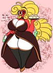 anthro beak big_breasts blonde_hair breasts clothing dumplings feathers female food hair legwear red_body red_eyes solo stockings wings lewdchuu_(artist) nintendo pokemon generation_2_pokemon ho-oh legendary_pokemon pokemon_(species) hi_res