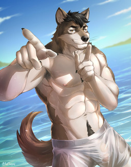 abs anthro armpit_hair balls body_hair clothed clothing dutch_angle finger_to_mouth flaccid fur genitals gesture hair hand_gesture happy_trail looking_at_viewer male muscular muscular_male nipples orange_eyes outside pecs penis pointing pointing_at_viewer solo standing swimwear topless translucent translucent_clothing translucent_swimwear water wet wet_body wet_fur purtropos echo_(series) echo_project the_smoke_room kane_dunbar canid canine canis mammal wolf 2023 hi_res