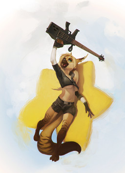 anthro bass_guitar beak clothed clothing female femme_fatale guitar gun holding_gun holding_object holding_ranged_weapon holding_weapon musical_instrument plucked_string_instrument ranged_weapon rifle skimpy solo string_instrument tail weapon veramundis mythology auriel avian gryphon mythological_avian mythological_creature 2012