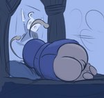 antennae_(anatomy) anthro anus bed bedroom big_butt biped blue_body butt curled_up curtains exoskeleton female furniture genitals grey_body lying on_side overweight overweight_anthro overweight_female pillow poster pussy rear_view sleeping solo junkbag hollow_knight team_cherry bretta_(hollow_knight) the_knight_(hollow_knight) arthropod beetle insect