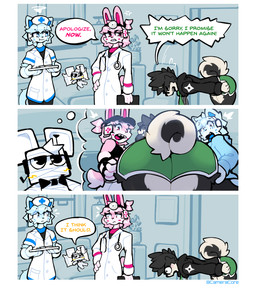 ambiguous_gender anthro apology bandaged_body bed big_butt black_body black_clothing black_fur black_hoodie black_topwear blue_body blue_clothing blue_eyes blue_fur blue_hair blue_hoodie blue_topwear blush body_cast bottomwear bow_tie bowing butt clothing cross-popping_vein curled_tail dialogue electronics emanata eyes_closed eyewear female fingerless_gloves fur furniture glasses gloves green_bottomwear green_clothing green_scarf green_shorts hair hand_on_hip handwear hat headgear headphones headset headwear hoodie hospital_room imminent_facesitting male medical_instrument multicolored_body multicolored_fur nurse_clothing nurse_headwear pillow pink_body pink_eyes pink_fur pink_hair scarf scientific_instrument sharp_teeth shocked shorts stethoscope tail teeth thought_bubble topwear tray two_tone_body two_tone_fur white_body white_fur baronflint avalon_(baronflint) camelot_(baronflint) gyero_(baronflint) canid canine canis domestic_cat domestic_dog felid feline felis lagomorph leporid mammal murid murine rabbit rat rodent shiba_inu spitz 2026 comic