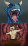 anthro anthro_pred anthro_prey bared_teeth black_bottomwear black_clothing blue_body blue_scales bodily_fluids bottomwear brown_body brown_fur clothing drooling duo eyes_closed fangs front_view fur male male_pred male_prey mouth_shot nude open_mouth pink_tongue pupils saliva saliva_string scales simple_background slit_pupils stomach_acid teeth tongue unwilling_prey vore white_body white_fur yellow_eyes acidic mythology canid canine dragon mammal mythological_creature mythological_scalie scalie 3:5 hi_res